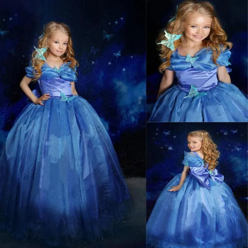 Meninas azul cinderela vestido de verão puff manga bordado vestidos de  flores para meninas princesa fantasiar