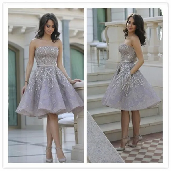 Elegant Gray Short Prom Dresses Appliques Lace Strapless Beaded Formal Cocktail Party Dress with Pocket Homecoming Gowns