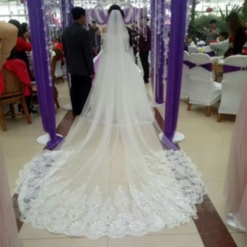 Marfim elegante 3,5 m de longa catedral de véus de casamento com laço applique guarnição duas camadas feito sob encomenda feita barato véu nupcial