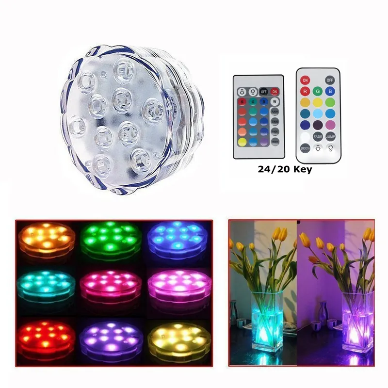 Edison2011 10 LED Multicolor Pool Submersible Light 24 Key Remote Control Party Tea Floralytes Vase Base Light Blub for Wedding Holiday