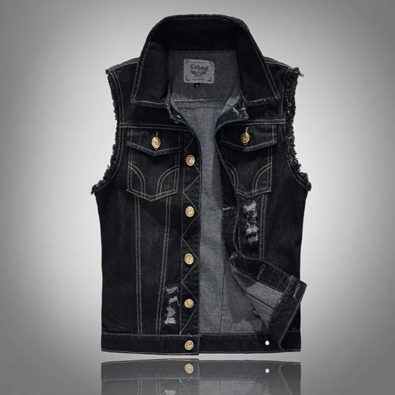 망 고민 한 데님 양복 조끼 블루 민소매 청바지 데님 자켓 캐주얼 조끼 남성용 Gilet Biker Homme