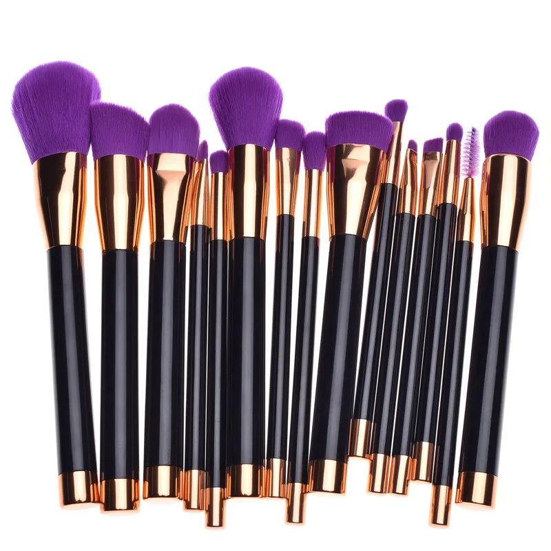 Ensemble de pinceaux de maquillage Pro 15 pièces fond de teint en poudre cosmétiques or violet Kit de pinceaux de maquillage de haute qualité