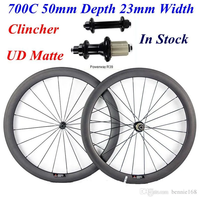 Road bike 700C 50mm Depth 23mm Width Full Carbon Bike Bicycle Wheels Wheelset UD Matte Clincher Rims With Powerway R39 Hubs