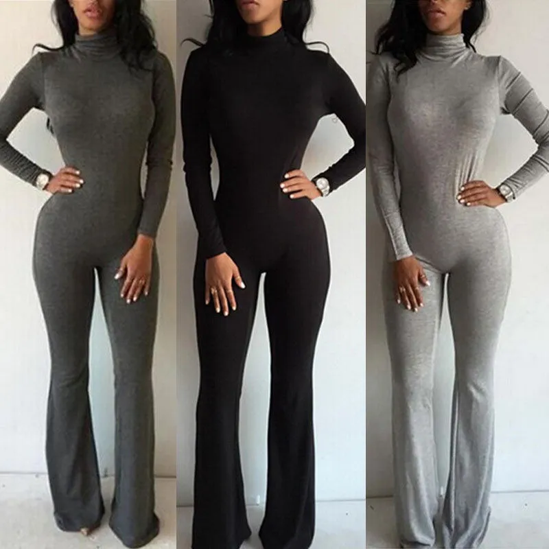 Partihandel-Fashion Casual Women Ladies Clubwear Långärmad Turtleneck Playsuit Bodycon Party Jumpsuit Long Romper USA