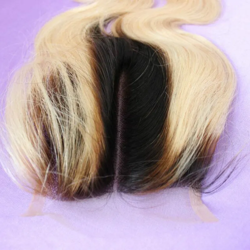 T1B/613 Koronkowe zamykanie brazylijska fala ciała Ombre Blonde 4x4 Zamknięcie ludzkie włosy ciemne korzenia medium brązowe