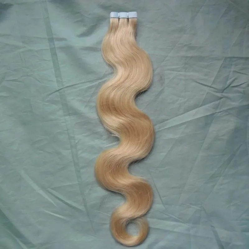 613漂白金髪の人間の髪の髪のテープ人間の髪の毛延長体波両面テープの皮の糸毛延長100G
