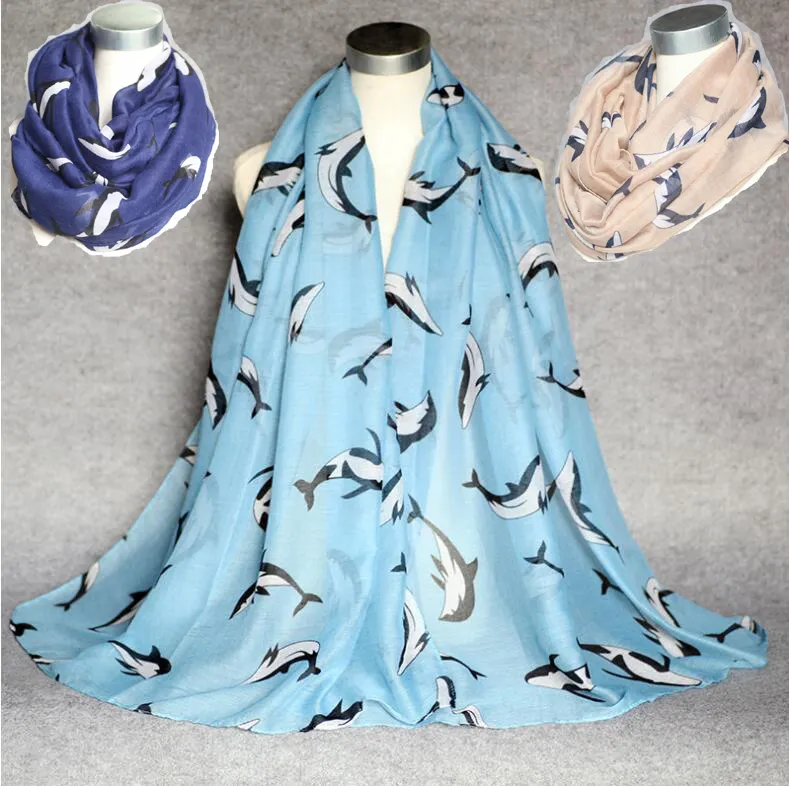New Design Dolphin Print Voile Cotton Infinity Scarf Fashion Circle Scarf Large Size Long Scaves Women Animal Print around Scarfs 6Colors