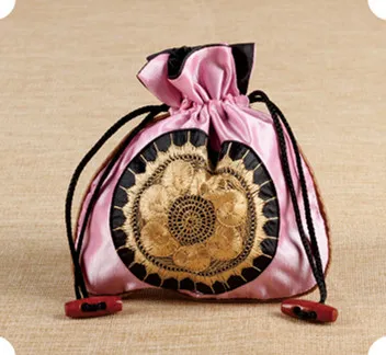 Broderie Soleil Grande Pochette À Cordon Tissu De Satin Chinois Bijoux De Voyage Sac De Rangement Cosmétique Lavande Fleurs Séchées Sacs D'emballage D'Épices