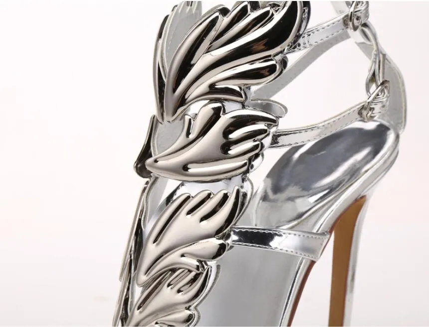 Summer Lady Wings Leaf High Heels Sandals äkta läderkvinnor Metalliska Winged Sandal Femininas Plus Size 41 426612976