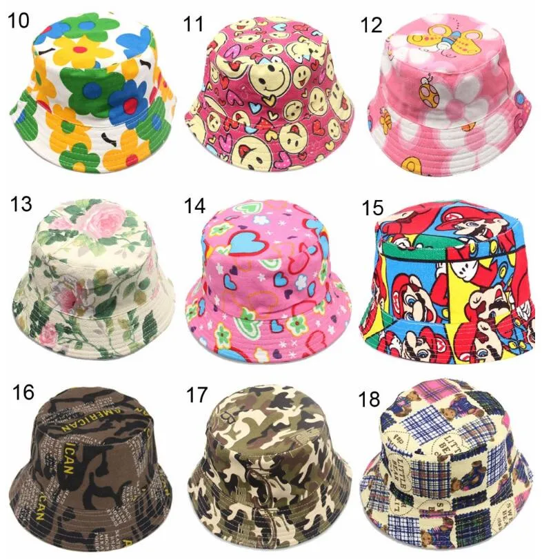 Nieuwe 36 Modellen Kinder Bucket Hoeden Nieuwe Mode Print Zomer Zonne Hoed Kleurrijke Patch Platte Caps