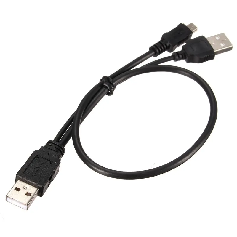 Hochwertiges, schwarzes PVC-Dual-USB-2.0-Stromversorgungskabel, Y-Form, 2 Typ A auf ein Mini-5-Pin-Festplatten-USB-Kabel, 100 Stück