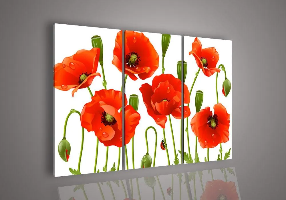 Handpainted Red Poppy Flower Oil Painting On Canvas, Framed 3 Panel ...