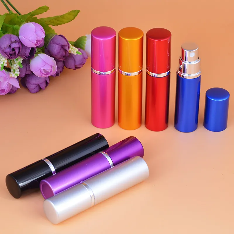 Free DHL 100Pcs 5ML Mini Portable Aluminum Glass Perfume Bottles With Spray Atomizer Empty Parfum Essential Oil Container 7 colors