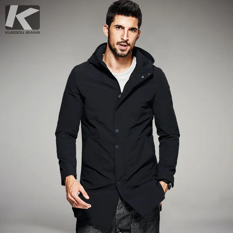 Großhandel - KUEGOU 2017 Frühling Herren Casual Trench Schwarz Mit Kapuze Lange Mäntel Markenkleidung Mann Slim Mantel Männlich Windjacke Plus Größe 81