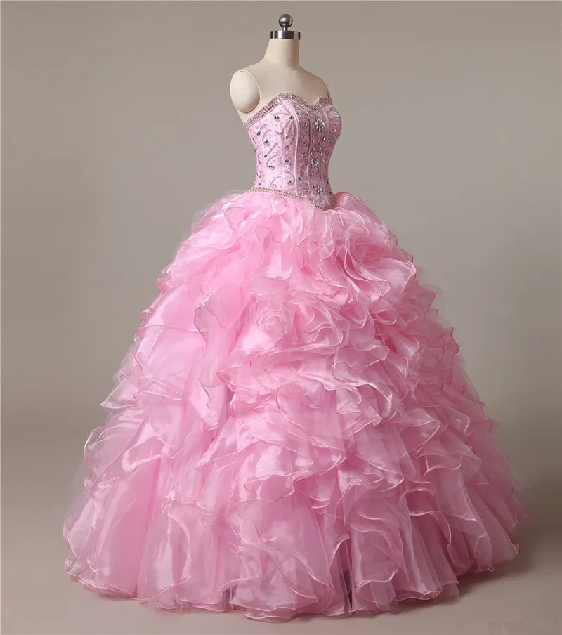 2017 Sexy Pink Crystal Ball Gown Quinceanera Klänningar med Beading Sequin Organza Lace Up Sweet 16 Dresses Vestido Debutante Gowns BQ08