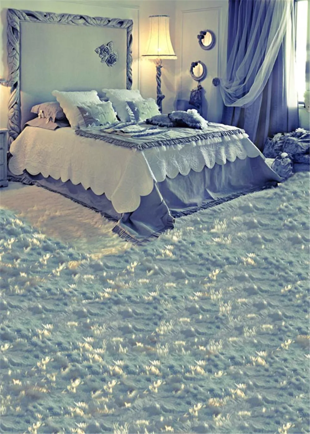 실내 아기 방 배경 사진 라이트 블루 공주 스타일 침대 부드러운 카펫 비닐 클로스 사진 배경 소녀들을위한