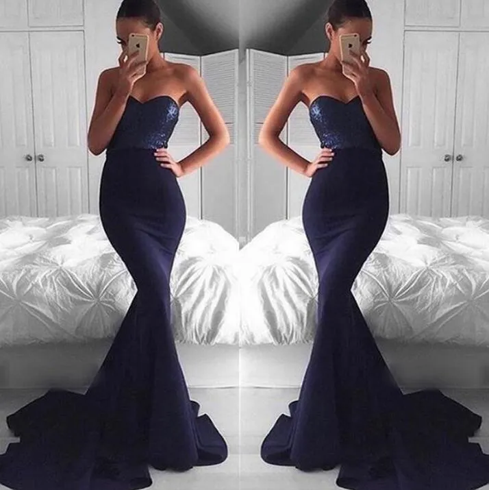 Newest 2017 Spring Sweep Train Prom Dresses Navy Blue Mermaid With Evening Gown Glamorous Floor Length TSaufi ArabiaLuxury Women Prom Dress