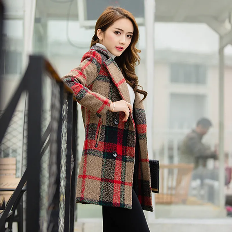 2017 Donna Cappotto scozzese Autunno Inverno Giacca lunga Donna Colletto rovesciato Miscele Lana Cappotto sottile caldo Femininos Abbigliamento