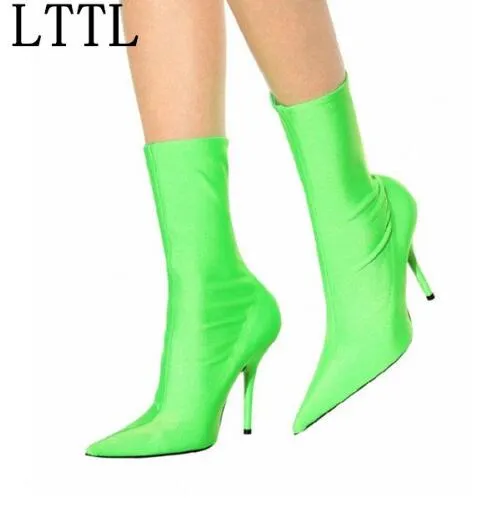 مدرج أشار تو الفلورسنت الأخضر تمتد النساء الكاحل مثير الجوارب الخنجر مطاطا عالية الكعب أحذية امرأة
