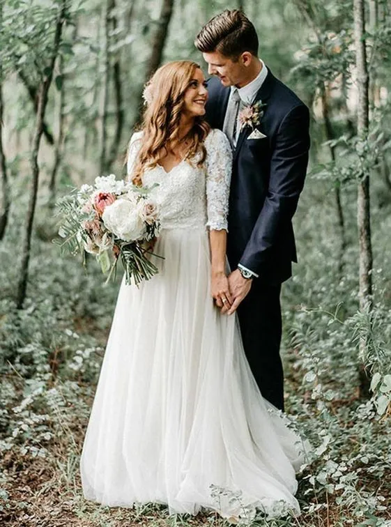 Vestidos de novia de playa bohemios de tul de encaje simple 2020 con medias mangas, tren de barrido, sin espalda, vestidos de novia baratos