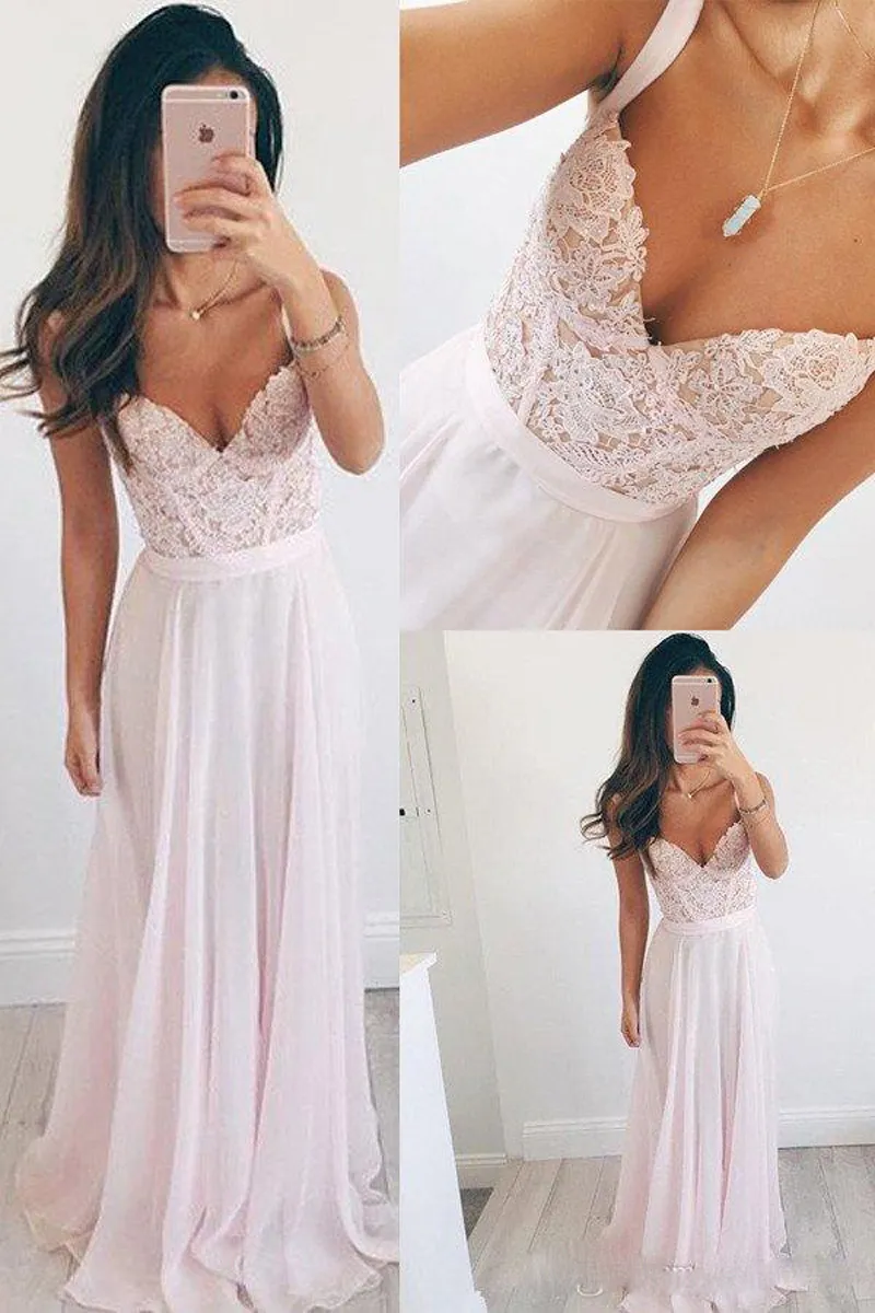 Luxe Dusty Roze Kant Chiffon Avondjurk Spaghetti Sweetheart Prom Gown Strand Bruidsjurken Vloerlengte Rits Terug Bruidsmeisjes Jurk