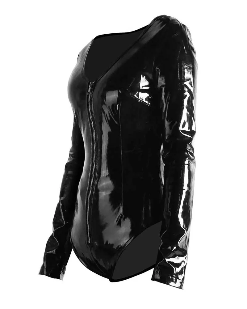 Long Sleeve Gothic Deep V-neck Catsuit PVC Shiny Leotard Bodysuit Zipper Jumpsuit Pole Dancing Stripper Wear