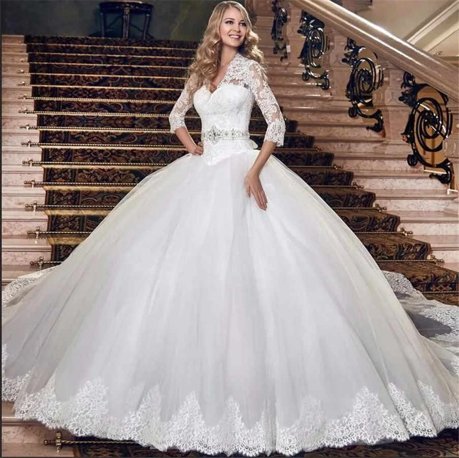 Gorgeous Ball Gown Princess 3/4 Sleeves Dropped Waistline Wedding Dress Beading Sash Applique Lace Bridal Gowns Plus Size