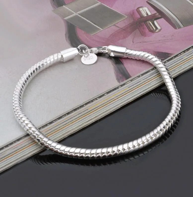 20 cm ormkedja armband 3MM 4MM hummerlås med 925 stämpel Silverpläterade armband passar Charms Beads Partihandel