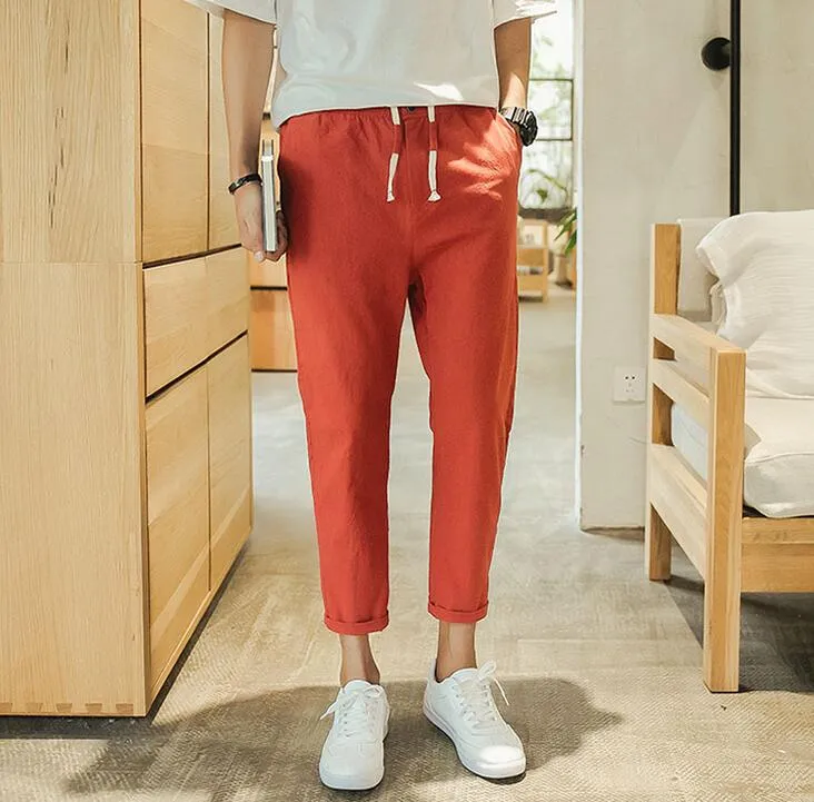 Envío gratis Verano más nuevo nueve Pantalones de hombre algodón y lino pies Harlan Slim tendencia ropa de cama casual PM001 Pantalón para hombre