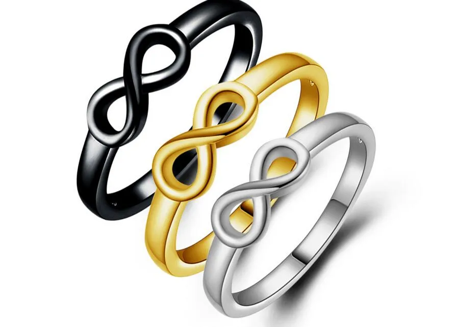 Mode homme femme bague Infinity 8 mots argenté noir bague dorée amoureux bague taille US6-US10 livraison gratuite 10 pcs/lot