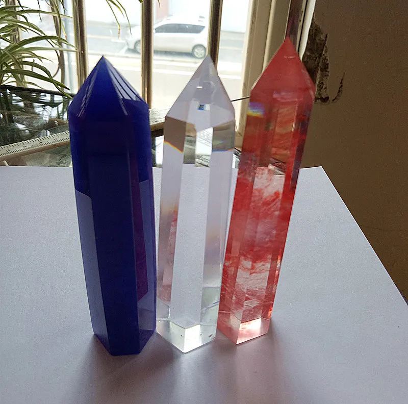 3st Blue Melt +Clear Melt +Red Melt Quartz Crystal Wand Point Unicuspid Smältning Quartz Crystal Point Healing