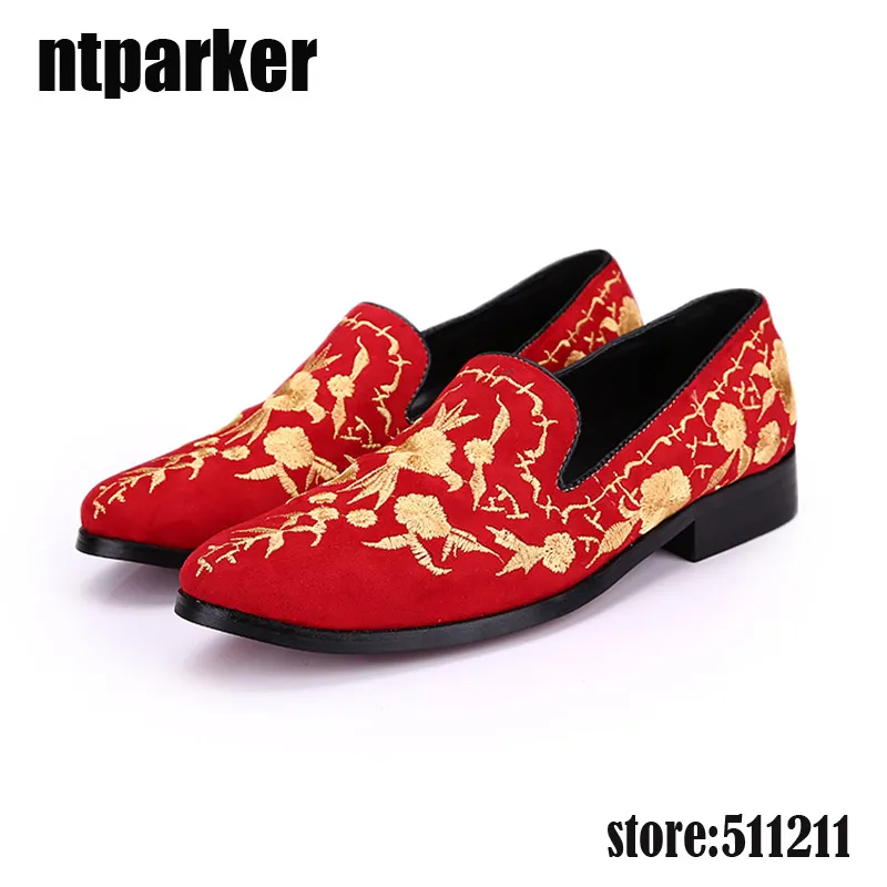 2018 Casual Men Shoes Slip on Summer Men Suede Mocassins Party Shoes Europe Style Red Flower Brodé en cuir, EU38-46!