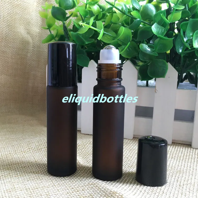 WHOLESALE new Acid Etch Amber 10ml ROLL ON GLASS BOTTLES with Steel Metal Roller ball And Black Cap Hot Sale in USA AU UK Canada