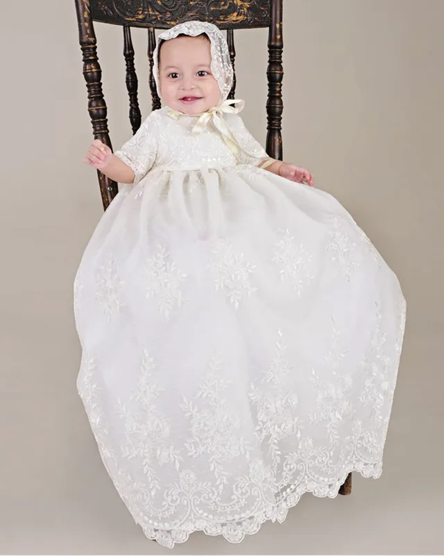 Ny ankomst ädla baby flickor dop klänning vit beige dop klänning spets med bonnet klänning 0-24month