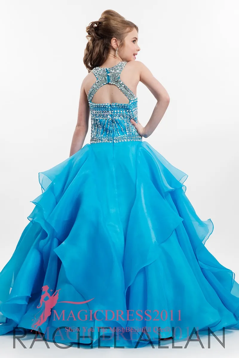 2019 Meninas Glitz Pageant Dresses vestido de baile Jewel Cristal Flor Meninas Vestidos de casamento azul Piso baratos Comprimento Custom Made