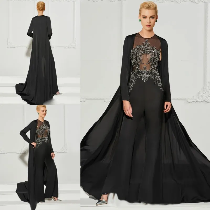 Combinaison noire robe de soirée avec veste deux pièces appliques perles illusion robe de bal sexy mère de la mariée robes robes de soirée