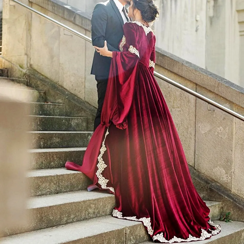 Elegant Velvet Burgundy Muslim Prom Dress Sweetheart Applique Stylish Trumpeted Long Sleeves Evening Gowns A-Line Formal Special Party Dress