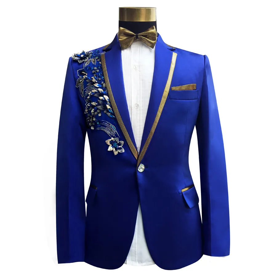 Costumes pour hommes Blazers ensemble-mariage marié Tuxedos costume hommes mode bleu Paillette brodé mâle chanteur Performance Pa211A