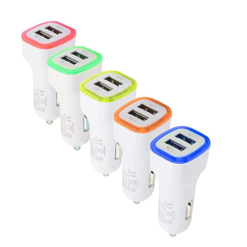 Caricabatteria da auto per auto portatile con design a LED 5V 2.1A Due Dual USB Mini Universal er per iPhone7 6S Samsung HTC Huawei Adattatore di ricarica colorato