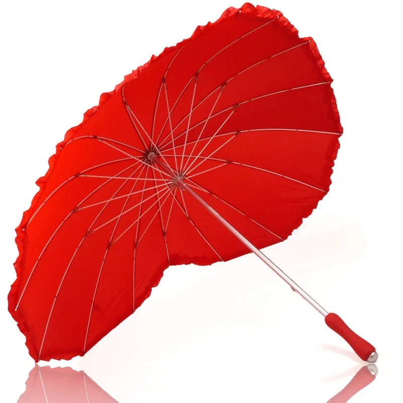 Lovely Heart 16K Firm Solid Red Straight Sun Umbrella Rain Women Bridal Parasol Tools Gift Wedding Decoration ZA3545