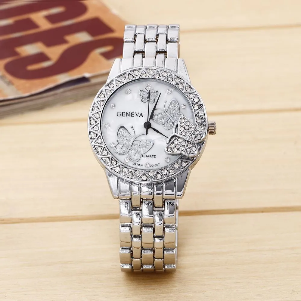 Nyaste Genève Watch Full Diamond Butterfly Women Crystal Lady Gold Silver Rose Steel Band Ladies Quartz Armband Klockor