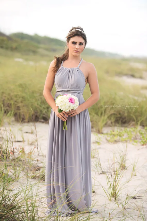 Boho Braids Chiffon Bridesmaid Dress Light Grey Bridal Party Formal Maxi Bohemian Backless Pleated Country Bridesmaid Dresses