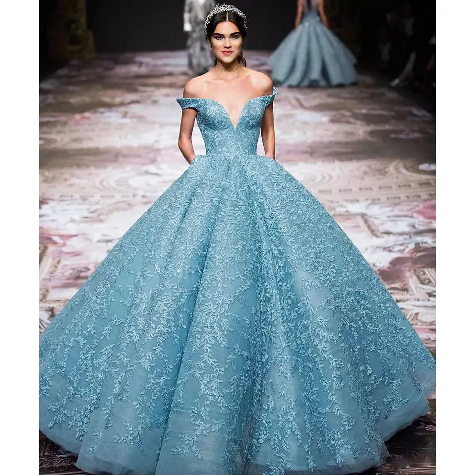 Magnifique Applique Zuhair-Murad Robe De Soirée Charmante Bleu Clair Hors Épaule Organza Robe De Tapis Rouge Superbe Occasion Spéciale Formelle Dres