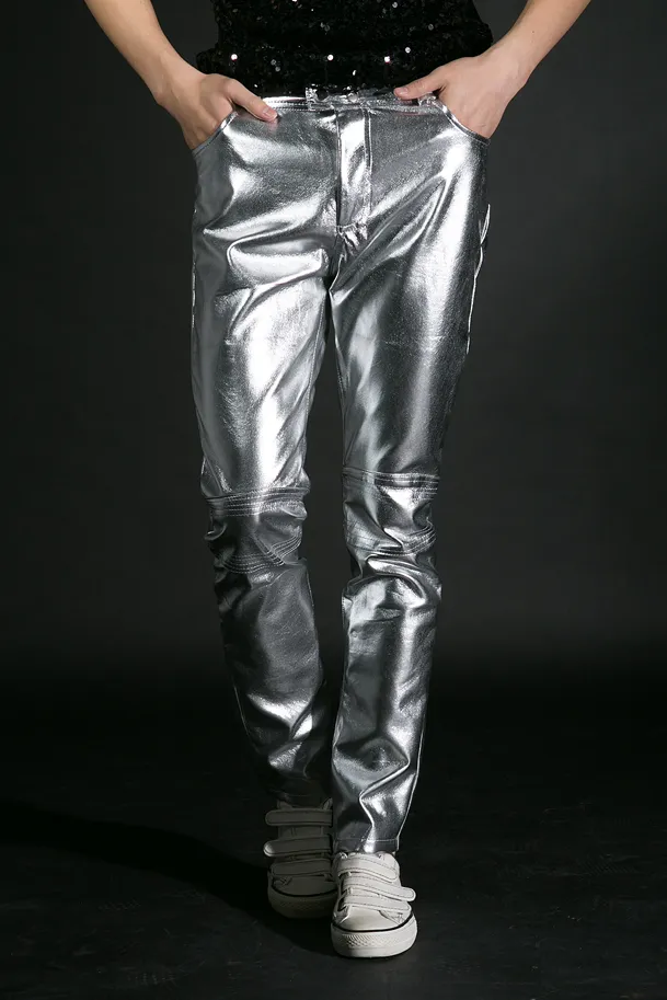 singer leather pants costume gold silver Ds performance fashion jazz dance wear metal slim PU pants sexy trousers nightclub bar