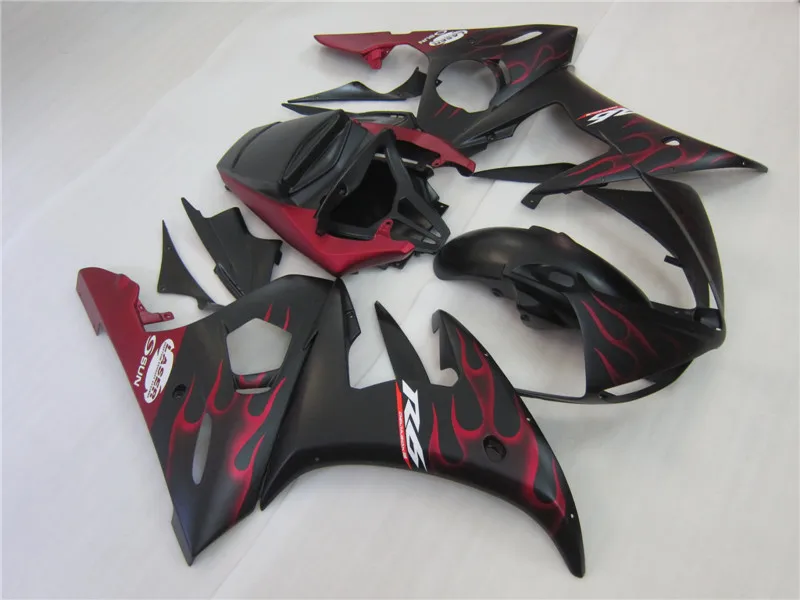 Nya Hot Moto Parts Fairing Kit för Yamaha YZF R6 03 04 05 Vin Röda Flammor Svart Fairings Set YZF R6 2003-2005 OT38