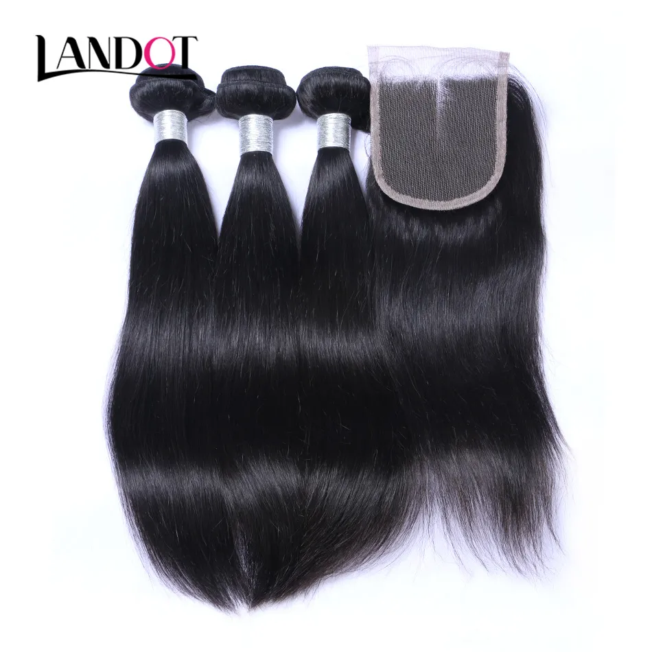 8A Lace Closure with 3 Bundles Brazilian Virgin Human Hair Weaves Peruvian Malaysian Indian Cambodian Mongolian Straight Human Hair Closures