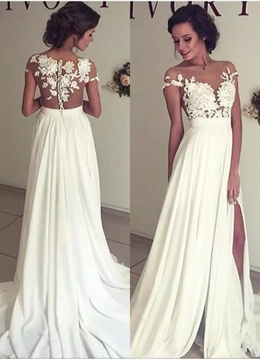 Verão Boêmio Chiffon Vestidos de Casamento Barato Sheer Tripulação Pescoço Rendas Apliques Alta Spplit Oco de Volta Boho Praia Longos Vestidos de Noiva