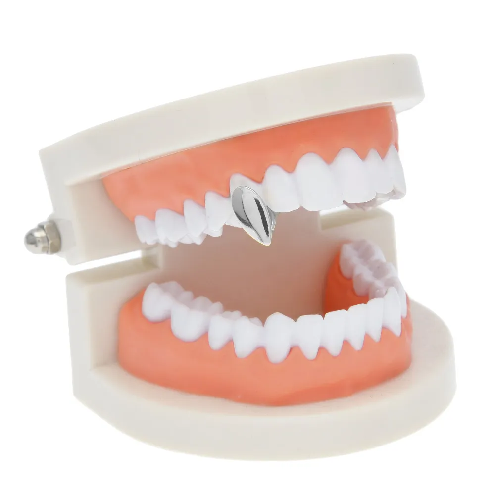 Nueva plata chapada en oro con forma de gota de agua Hip Hop Single Tooth Grillz Cap Top Bottom Grill para joyería de fiesta de Halloween