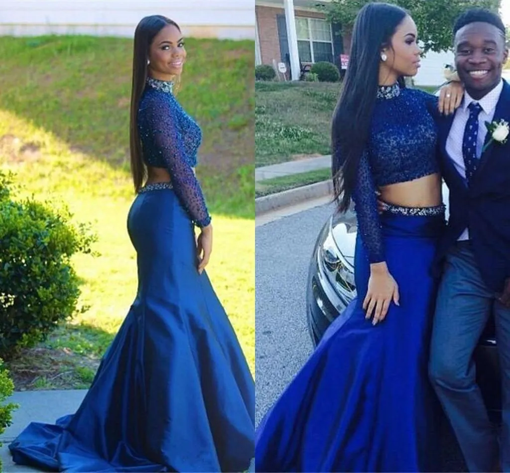 Two Piece Navy Blue Mermaid Prom Dresses High Neck Prom Dresses Top Crystal Beaded Long Sleeve Evening Gowns Fishtail African Indian Dresses