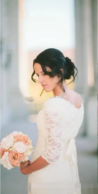 2019 Romantique Bijou Dentelle Robe De Mariée De Plage Avec Manches 3/4 Élégant Modeste Blanc Boho Bohème Robe De Mariée Robes De Noiva